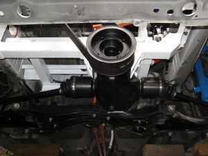 Underside of motor compartment showing 1985 celica GTS differential and belt drive